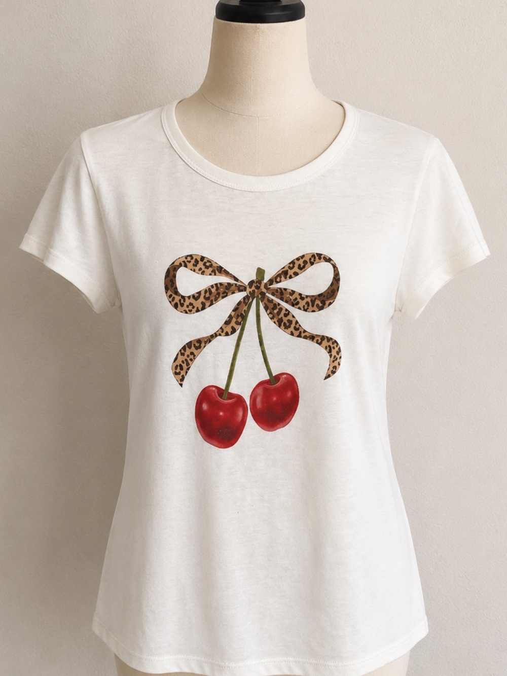 White Cherry Graphic Tee with Leopard Bow